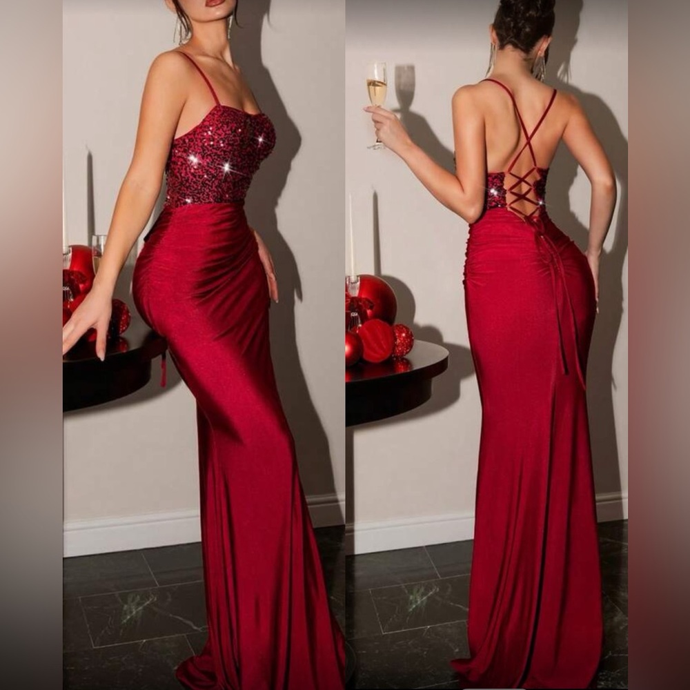 Red Backless Sequin Bodice Evening Dress